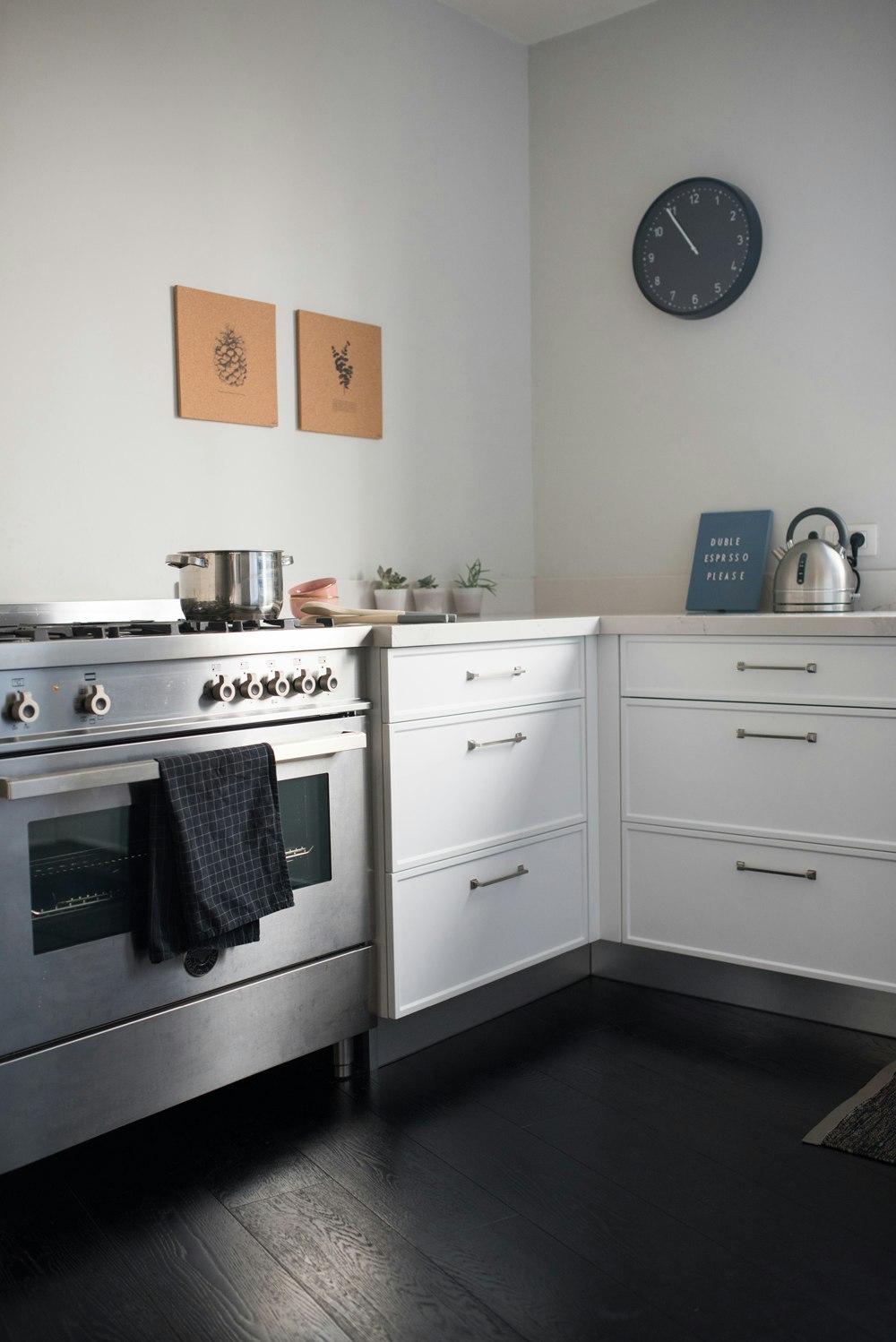 במטבח חזיתות הארונות צבועות לבן שלג.