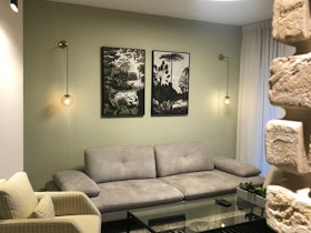 סלון אפור עם קיר ירוק זית 2 כורסאות יחיד וקיר לבנים